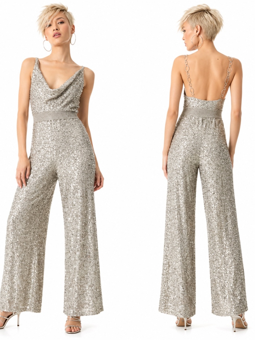 Alice + Olivia Womens Silver Sequined Jumpsuit Formal Sequined Jumpsuit Size 4